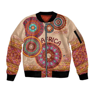 Afro Tribal Traditional Pattern Sleeve Zip Bomber Jacket Beige Motif