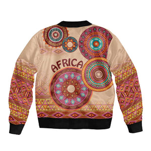 Afro Tribal Traditional Pattern Sleeve Zip Bomber Jacket Beige Motif