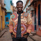 Afro Tribal Traditional Pattern Sleeve Zip Bomber Jacket Beige Motif