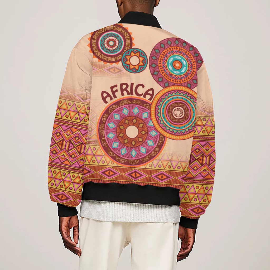 Afro Tribal Traditional Pattern Sleeve Zip Bomber Jacket Beige Motif