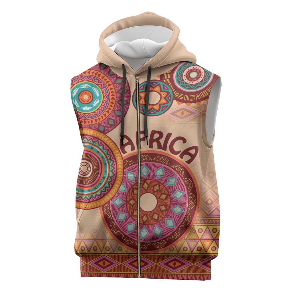 Afro Tribal Traditional Pattern Sleeveless Zip Hoodie Beige Motif - African Pride