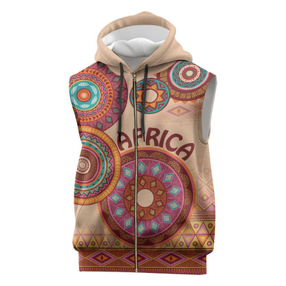 Afro Tribal Traditional Pattern Sleeveless Zip Hoodie Beige Motif - African Pride