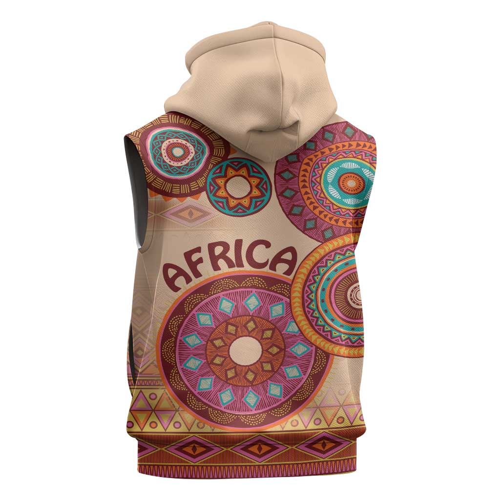 Afro Tribal Traditional Pattern Sleeveless Zip Hoodie Beige Motif - African Pride