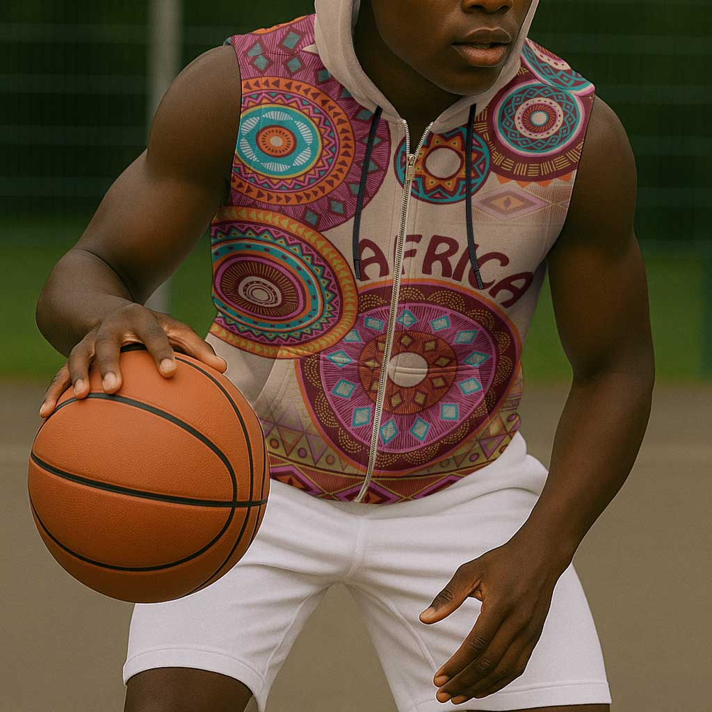 Afro Tribal Traditional Pattern Sleeveless Zip Hoodie Beige Motif - African Pride
