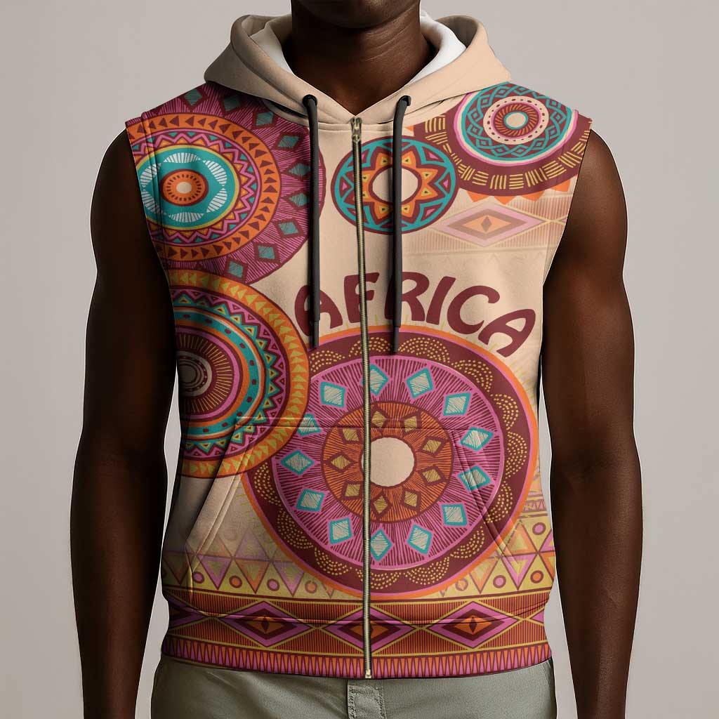 Afro Tribal Traditional Pattern Sleeveless Zip Hoodie Beige Motif - African Pride