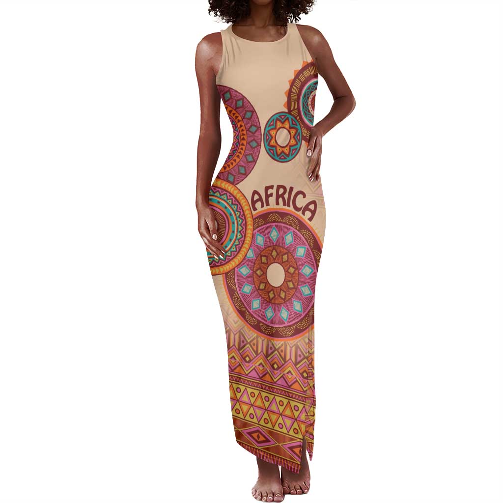Afro Tribal Traditional Pattern Tank Maxi Dress Beige Motif