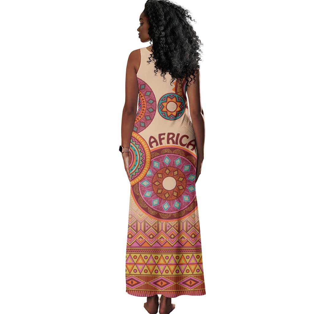 Afro Tribal Traditional Pattern Tank Maxi Dress Beige Motif