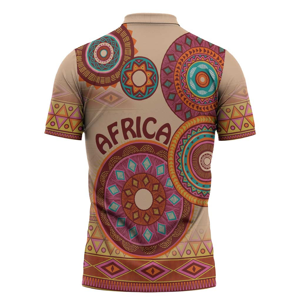 Africa Tribal Traditional Pattern Zipper Polo Shirt Beige Motif