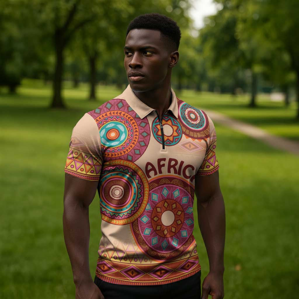 Africa Tribal Traditional Pattern Zipper Polo Shirt Beige Motif