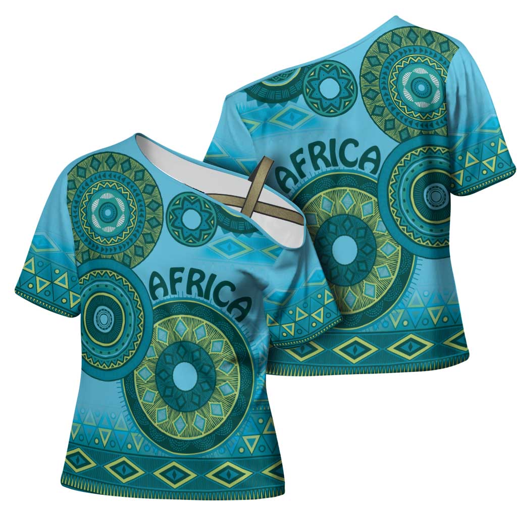 Africa Tribal Traditional Pattern Cross Shoulder Shirt Blue Motif