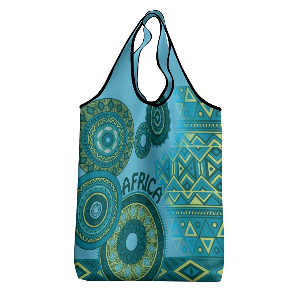 Afro Tribal Traditional Pattern Grocery Bag Blue Motif