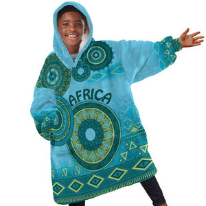 Afro Tribal Traditional Pattern KId Wearable Blanket Hoodie Blue Motif