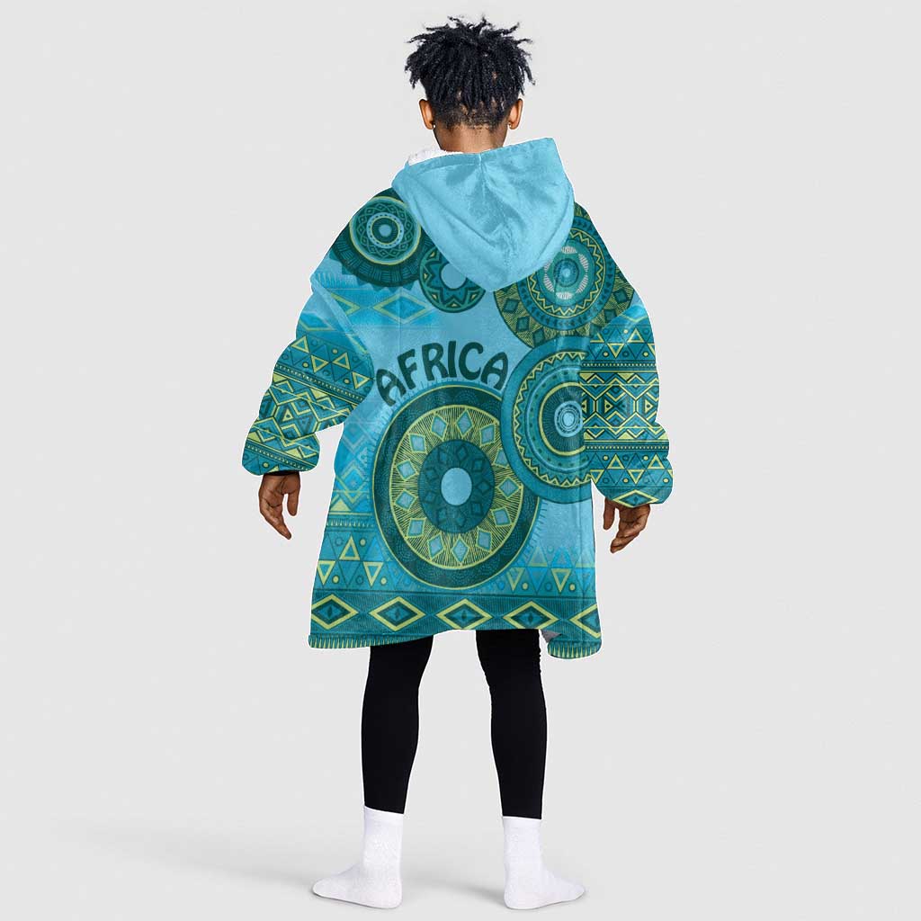 Afro Tribal Traditional Pattern KId Wearable Blanket Hoodie Blue Motif