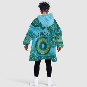 Afro Tribal Traditional Pattern KId Wearable Blanket Hoodie Blue Motif