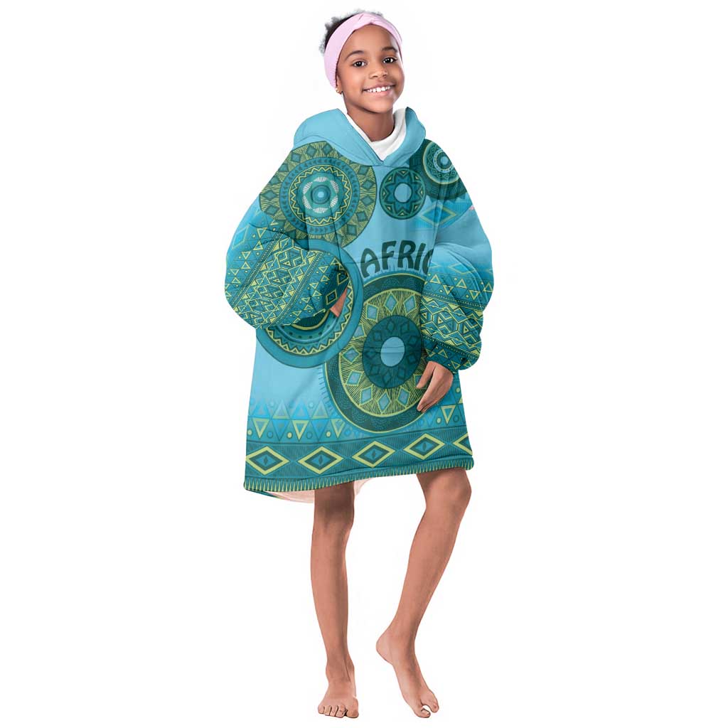 Afro Tribal Traditional Pattern KId Wearable Blanket Hoodie Blue Motif