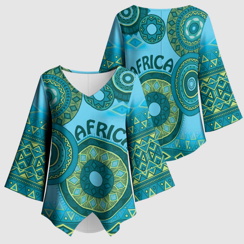 Africa Tribal Traditional Pattern Kimono Sleeve Blouse Blue Motif