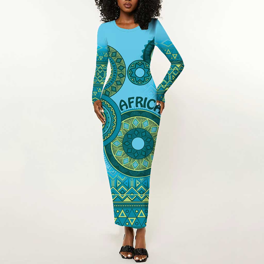 Afro Tribal Traditional Pattern Long Sleeve Bodycon Dress Blue Motif LT9