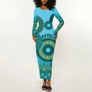 Afro Tribal Traditional Pattern Long Sleeve Bodycon Dress Blue Motif LT9