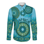 Afro Tribal Traditional Pattern Long Sleeve Button Shirt Blue Motif