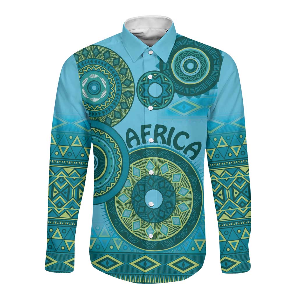 Afro Tribal Traditional Pattern Long Sleeve Button Shirt Blue Motif
