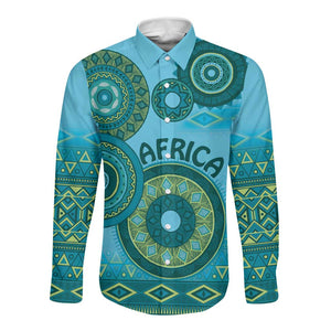 Afro Tribal Traditional Pattern Long Sleeve Button Shirt Blue Motif
