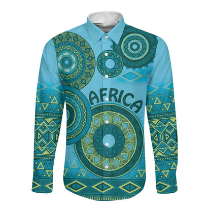 Afro Tribal Traditional Pattern Long Sleeve Button Shirt Blue Motif