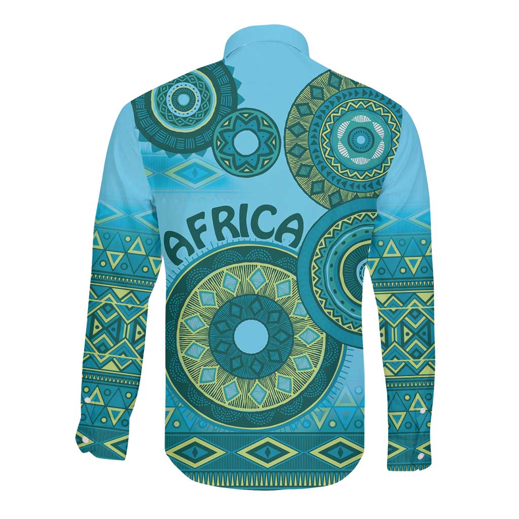 Afro Tribal Traditional Pattern Long Sleeve Button Shirt Blue Motif