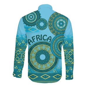 Afro Tribal Traditional Pattern Long Sleeve Button Shirt Blue Motif