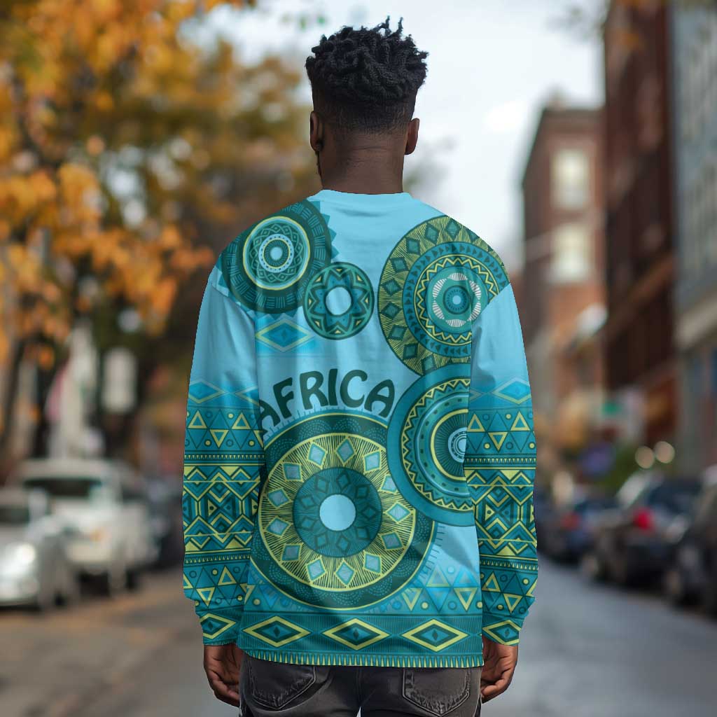 Afro Tribal Traditional Pattern Long Sleeve Shirt Blue Motif LT9