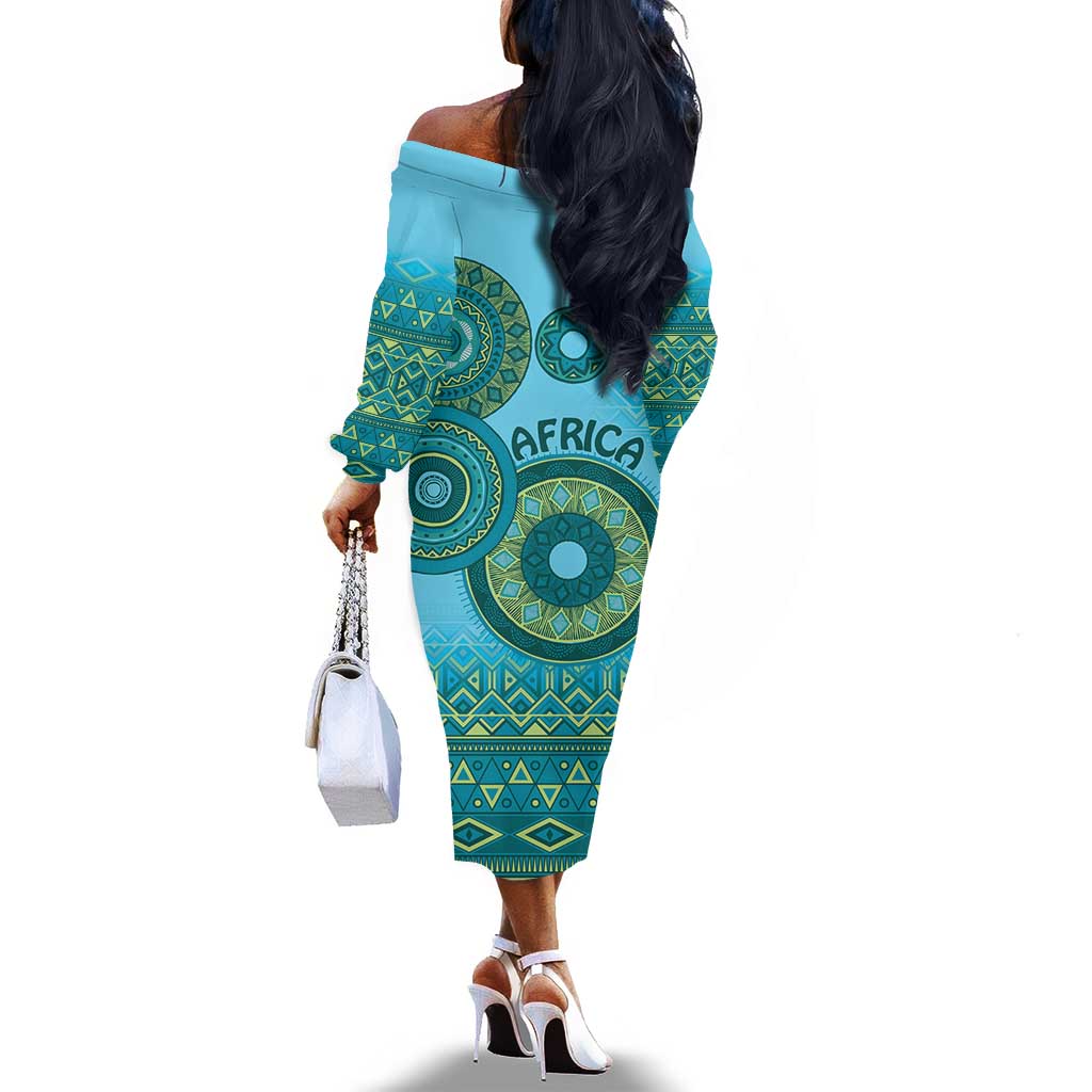 Afro Tribal Traditional Pattern Off The Shoulder Long Sleeve Dress Blue Motif