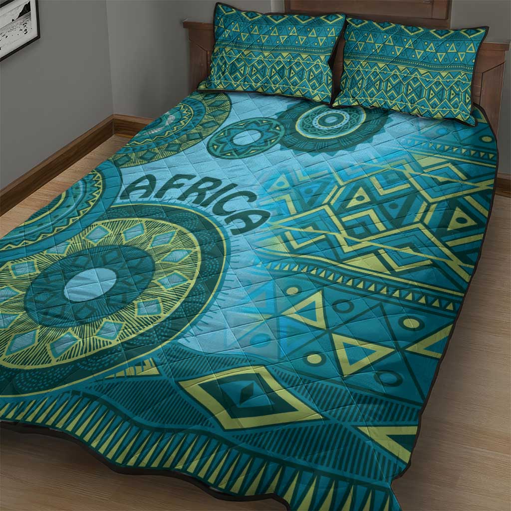 Afro Tribal Traditional Pattern Quilt Bed Set Blue Motif