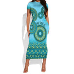 Afro Tribal Traditional Pattern Short Sleeve Bodycon Dress Blue Motif LT9