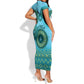 Afro Tribal Traditional Pattern Short Sleeve Bodycon Dress Blue Motif LT9