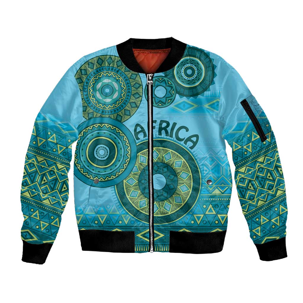 Afro Tribal Traditional Pattern Sleeve Zip Bomber Jacket Blue Motif
