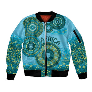 Afro Tribal Traditional Pattern Sleeve Zip Bomber Jacket Blue Motif