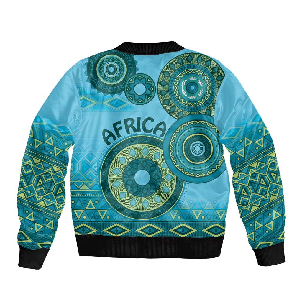 Afro Tribal Traditional Pattern Sleeve Zip Bomber Jacket Blue Motif