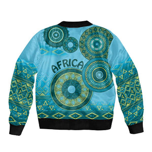 Afro Tribal Traditional Pattern Sleeve Zip Bomber Jacket Blue Motif