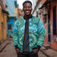Afro Tribal Traditional Pattern Sleeve Zip Bomber Jacket Blue Motif