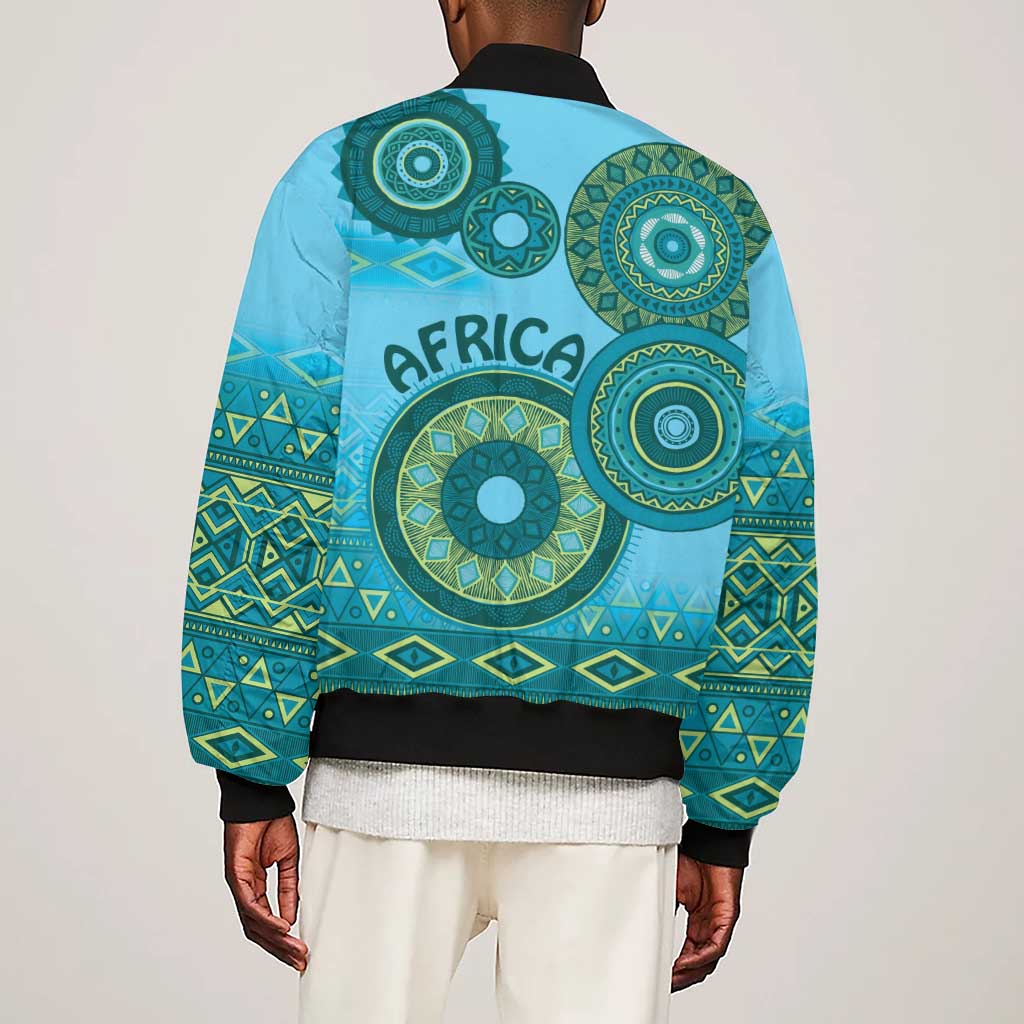 Afro Tribal Traditional Pattern Sleeve Zip Bomber Jacket Blue Motif