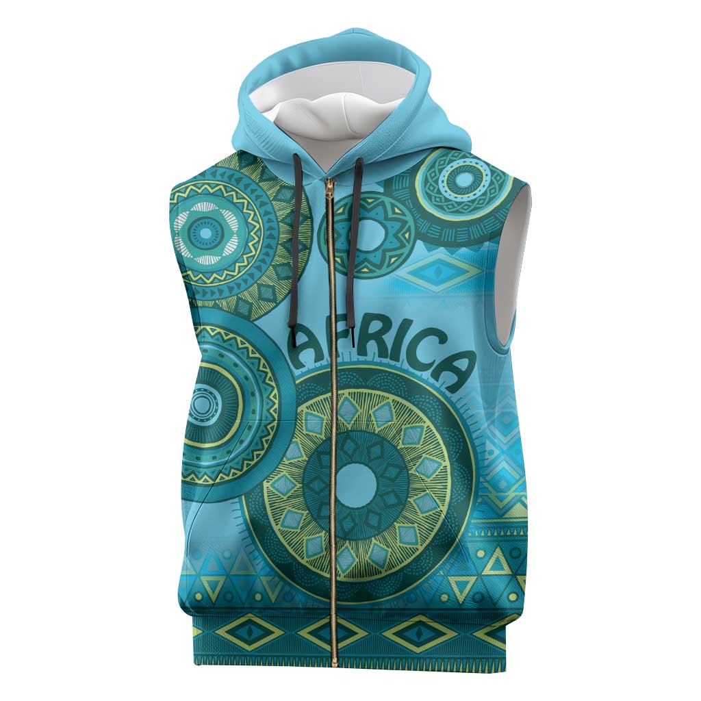 Afro Tribal Traditional Pattern Sleeveless Zip Hoodie Blue Motif - African Pride