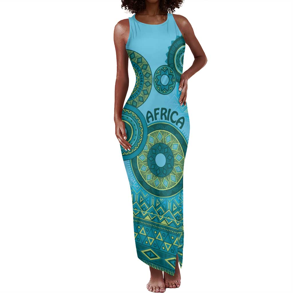 Afro Tribal Traditional Pattern Tank Maxi Dress Blue Motif