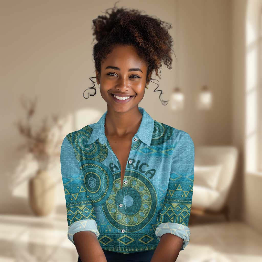 Afro Tribal Traditional Pattern Women Casual Shirt Blue Motif LT9