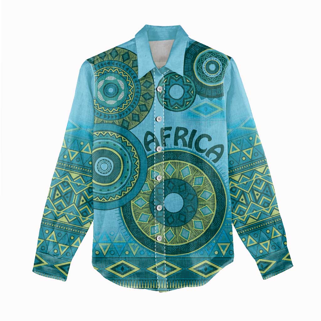 Afro Tribal Traditional Pattern Women Casual Shirt Blue Motif LT9