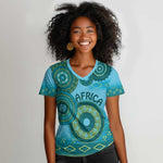 Afro Tribal Traditional Pattern Women V-Neck T-Shirt Blue Motif