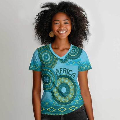 Afro Tribal Traditional Pattern Women V-Neck T-Shirt Blue Motif