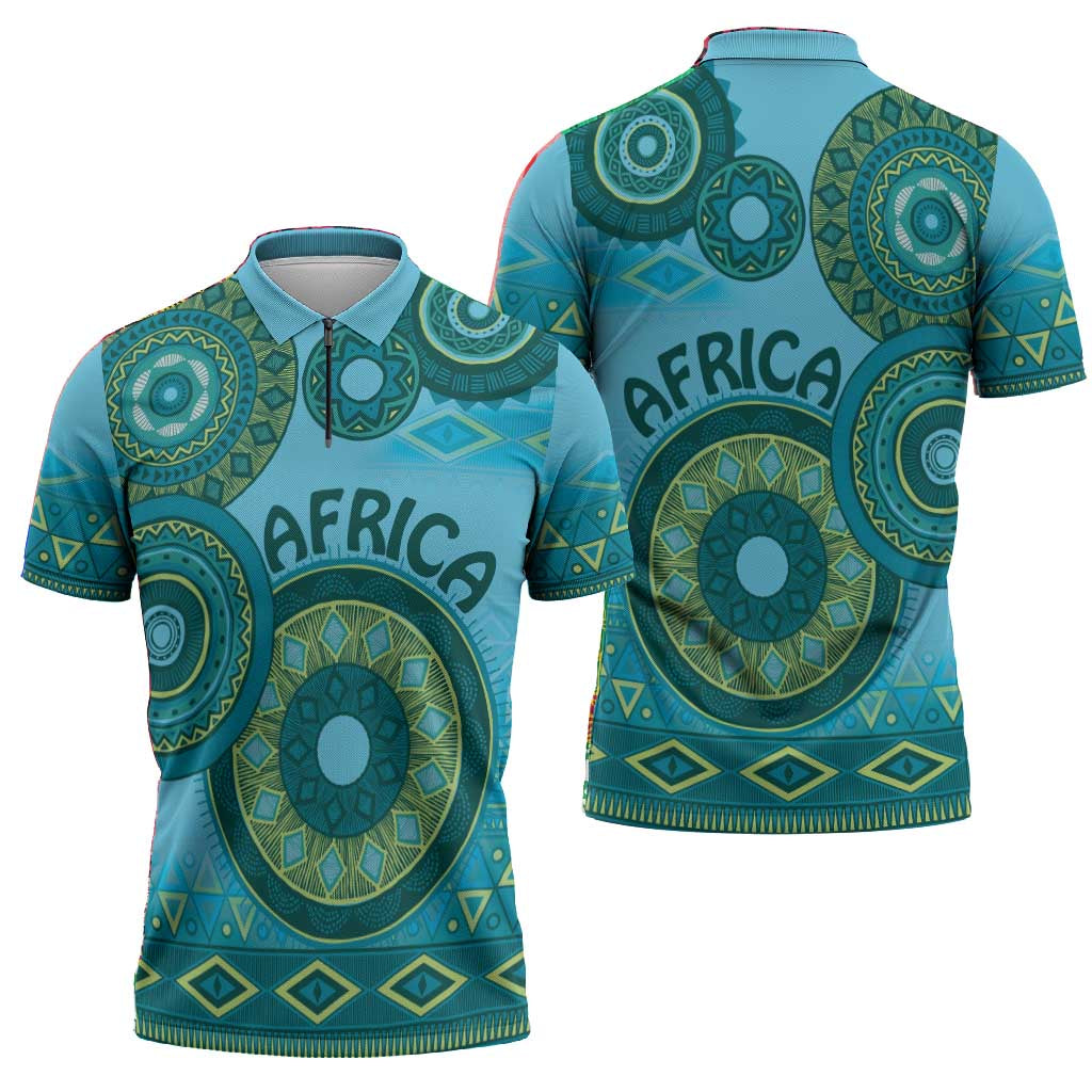 Africa Tribal Traditional Pattern Zipper Polo Shirt Blue Motif
