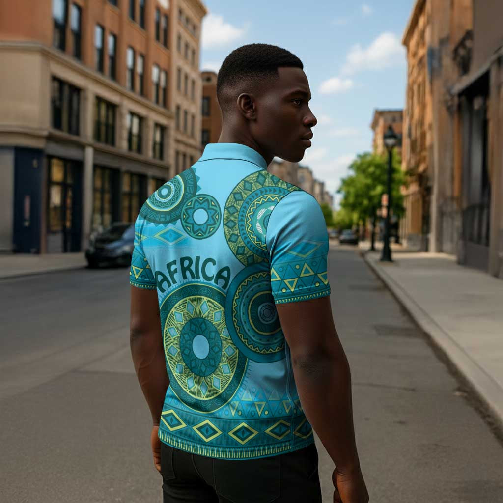 Africa Tribal Traditional Pattern Zipper Polo Shirt Blue Motif