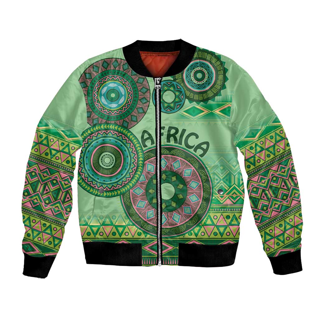 Afro Tribal Traditional Pattern Bomber Jacket Green Motif