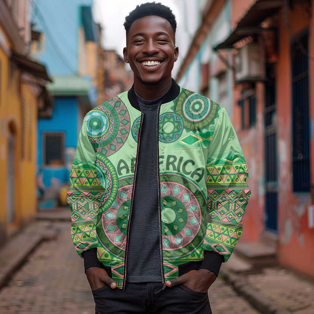 Afro Tribal Traditional Pattern Bomber Jacket Green Motif