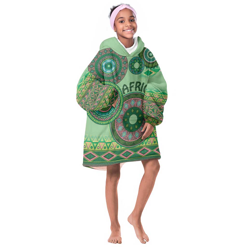 Afro Tribal Traditional Pattern KId Wearable Blanket Hoodie Green Motif